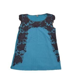 Ann Taylor Top Womens XS Teal Blue Sleeveless Black Floral Crochet Blouse